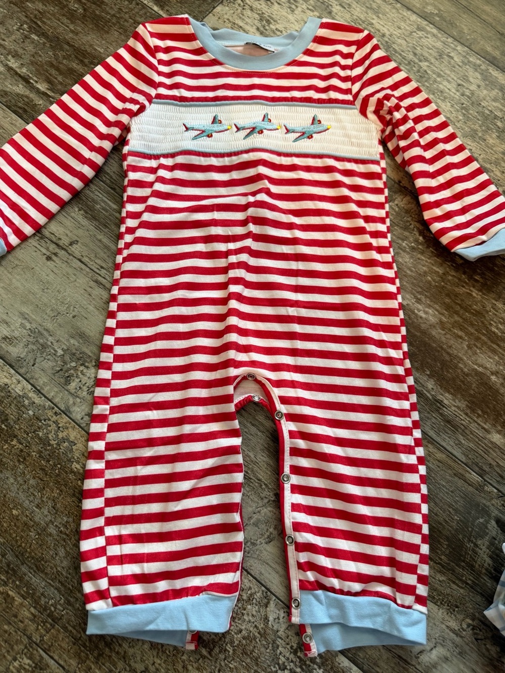 Red & White Striped Airplane Smocked Romper for Kids